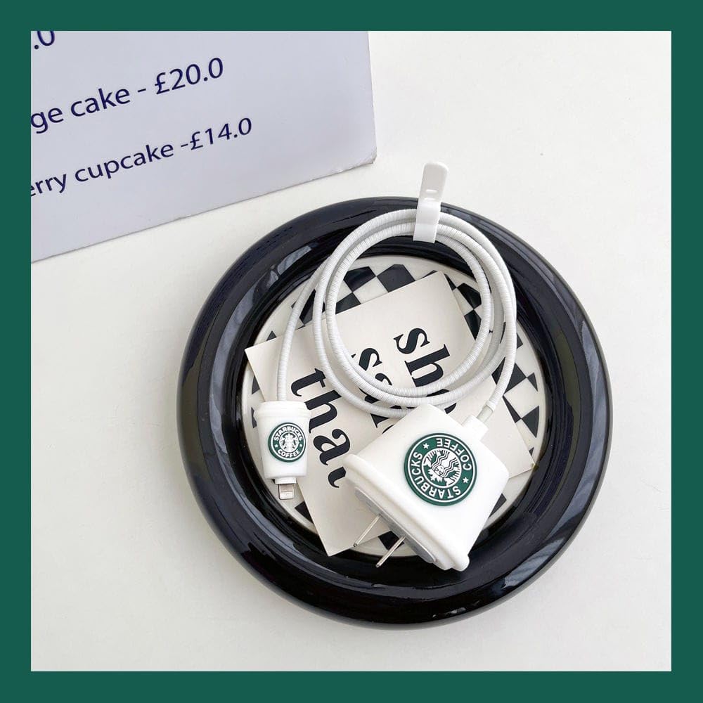 Iphone Charger Case Cover - Starbucks White - 4 Piece Set (With Wire Protector)