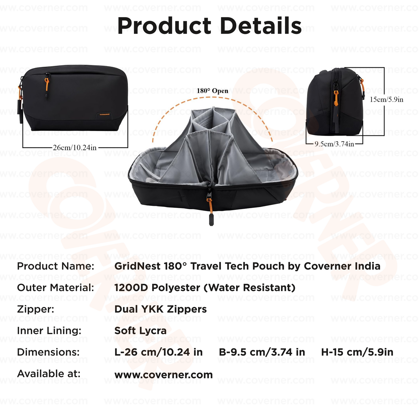 GridNest 180° Travel Tech Pouch – Large Electronics Accessories Organizer Bag | Coverner India