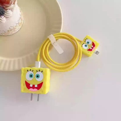 Iphone Charger Case Cover - Yellow SpongeBob - 4 Piece Set (With Wire Protector)