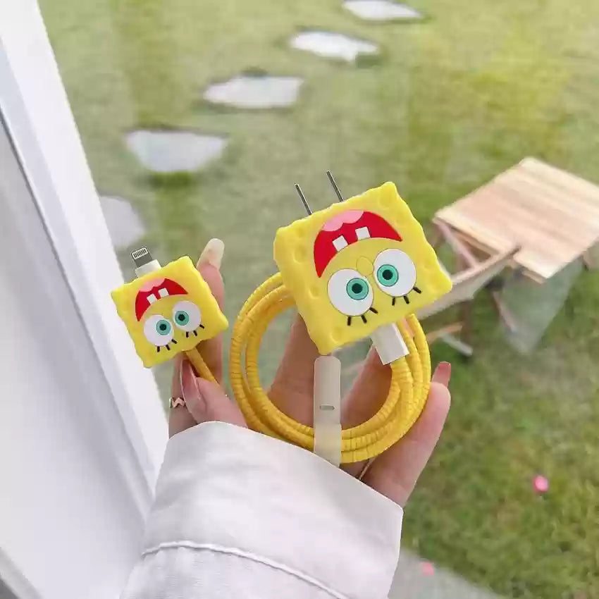 Iphone Charger Case Cover - Yellow SpongeBob - 4 Piece Set (With Wire Protector)