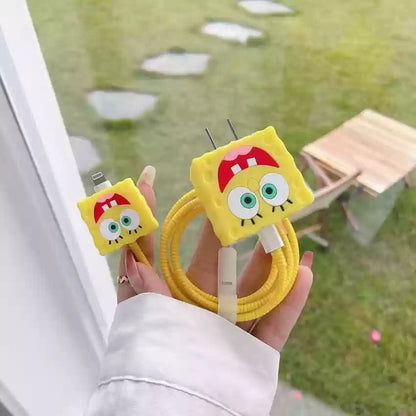 Iphone Charger Case Cover - Yellow SpongeBob - 4 Piece Set (With Wire Protector)