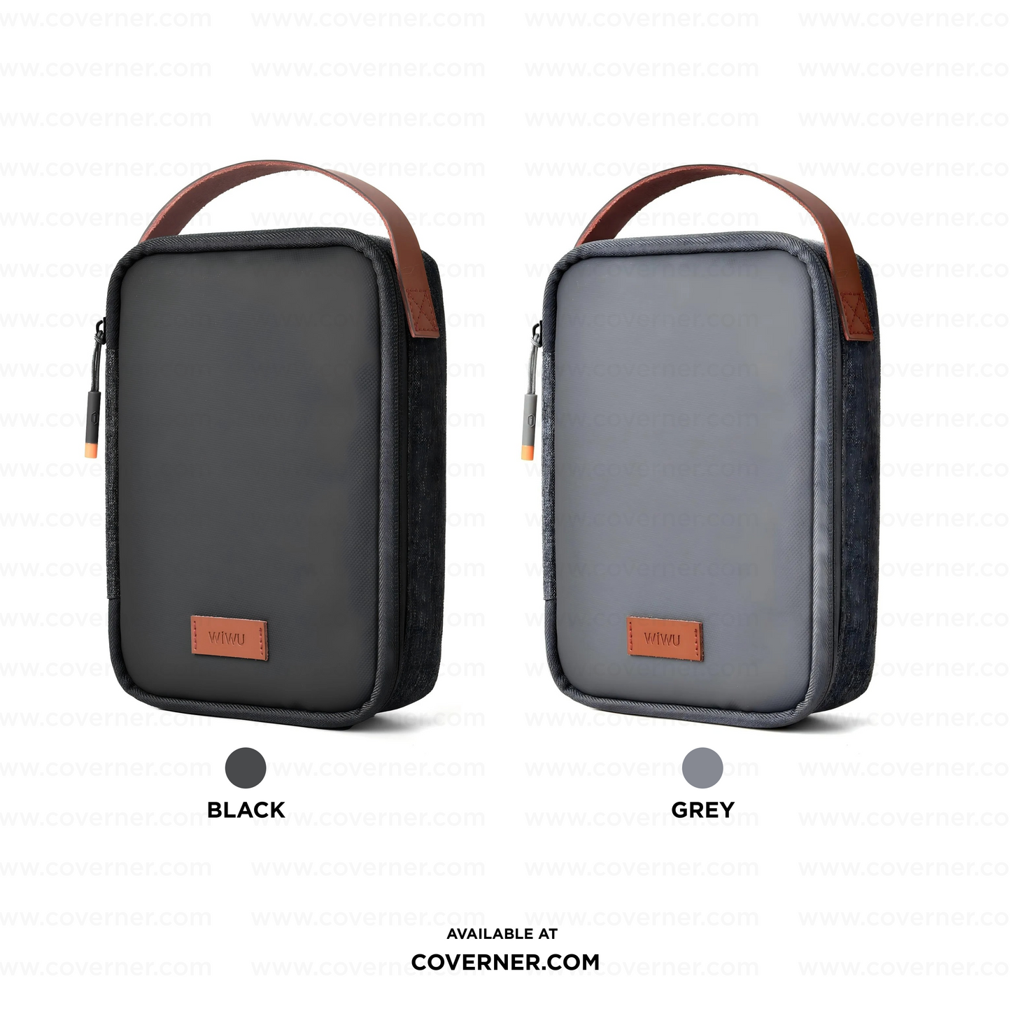 WiWU Minimalis Travel Tech Pouch – Splash-Proof Organizer with Leather Strap (Black/Gray) | Coverner India