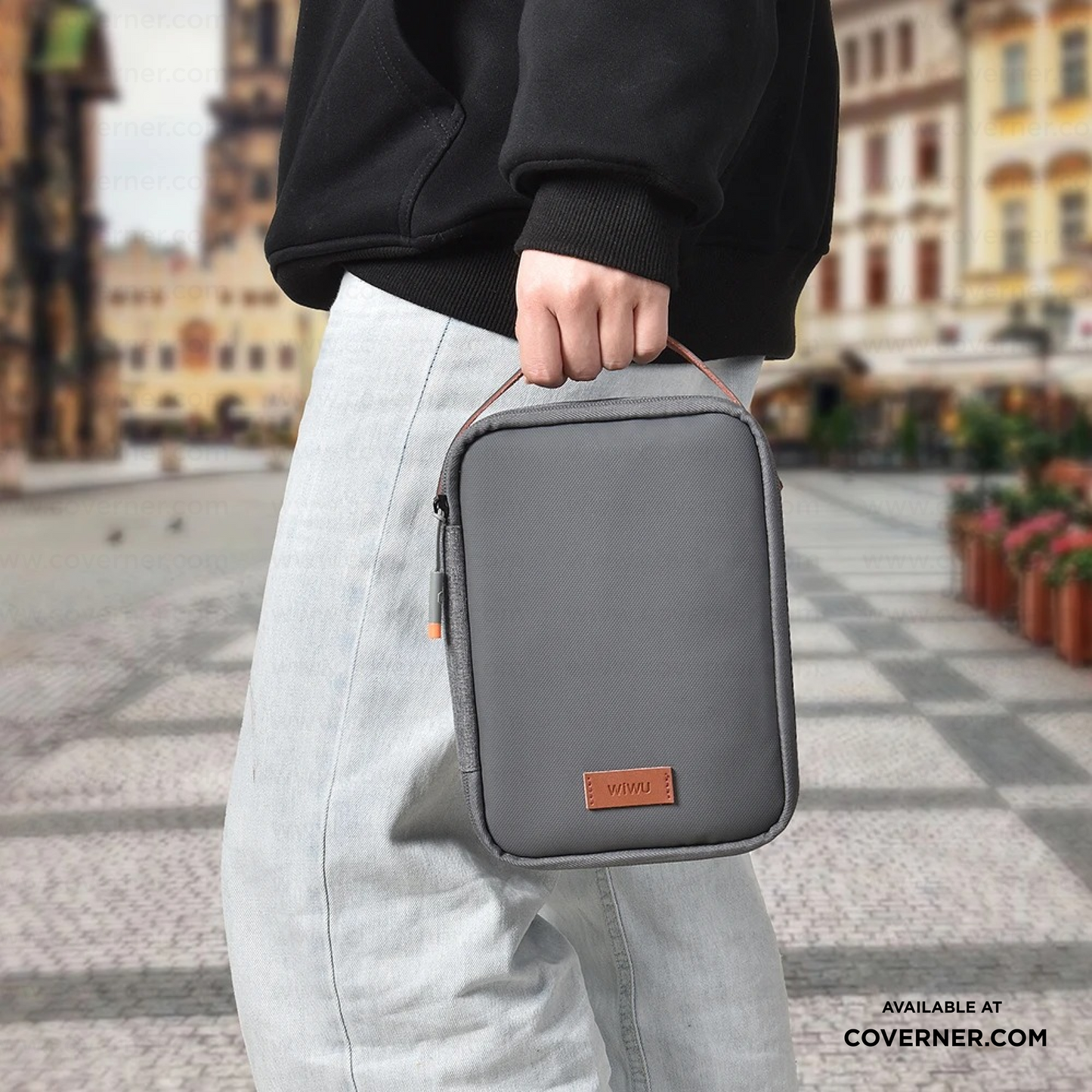 WiWU Minimalis Travel Tech Pouch – Splash-Proof Organizer with Leather Strap (Black/Gray) | Coverner India