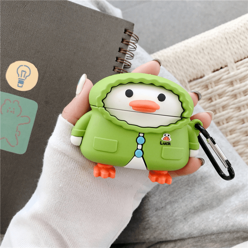 Green Jacket Duck AirPods Case – 3D Cartoon Silicone Cover with Hook by Coverner India