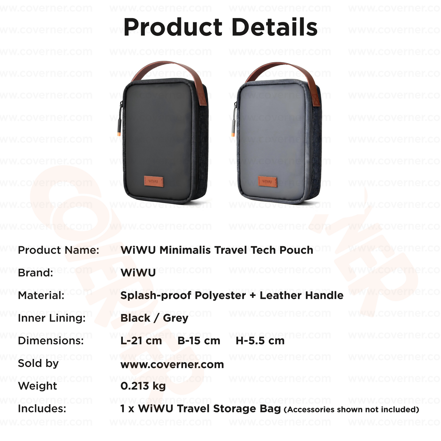 WiWU Minimalis Travel Tech Pouch – Splash-Proof Organizer with Leather Strap (Black/Gray) | Coverner India
