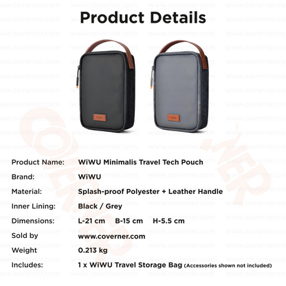 WiWU Minimalis Travel Tech Pouch – Splash-Proof Organizer with Leather Strap (Black/Gray) | Coverner India