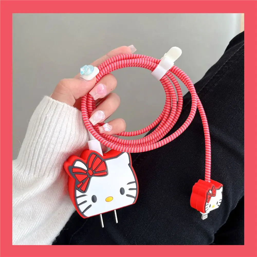 Iphone Charger Case Cover - Kitty Red - 4 Piece Set (With Wire Protector)