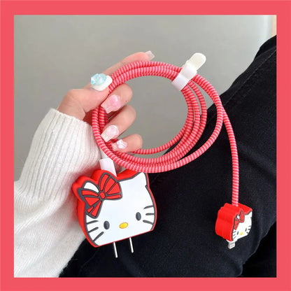 Iphone Charger Case Cover - Kitty Red - 4 Piece Set (With Wire Protector)
