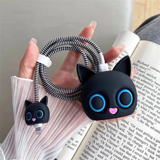 Iphone Charger Case Cover - Kitty Black - 4 Piece Set (With Wire Protector)