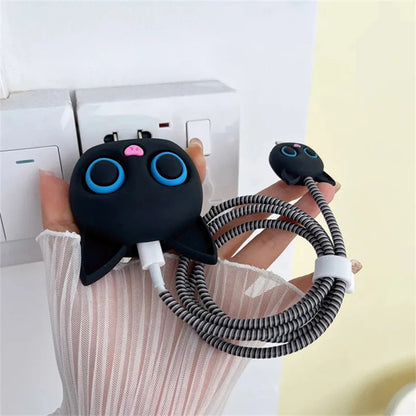 Iphone Charger Case Cover - Kitty Black - 4 Piece Set (With Wire Protector)