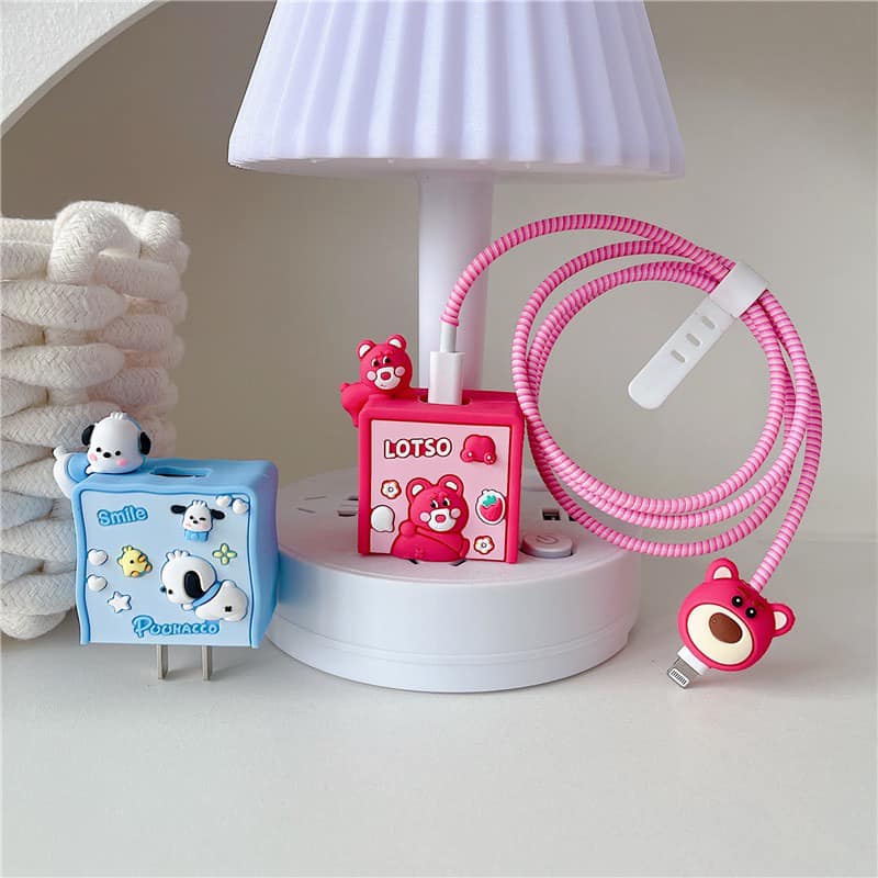 Iphone Charger Case Cover - Poo & Lotso - 4 Piece Set (With Wire Protector)