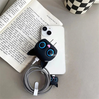 Iphone Charger Case Cover - Kitty Black - 4 Piece Set (With Wire Protector)