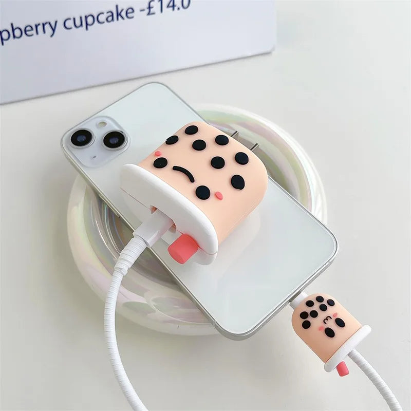 Iphone Charger Case Cover - Bubble Tea (Boba Tea) - 4 Piece Set (With Wire Protector)