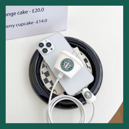 Iphone Charger Case Cover - Starbucks White - 4 Piece Set (With Wire Protector)
