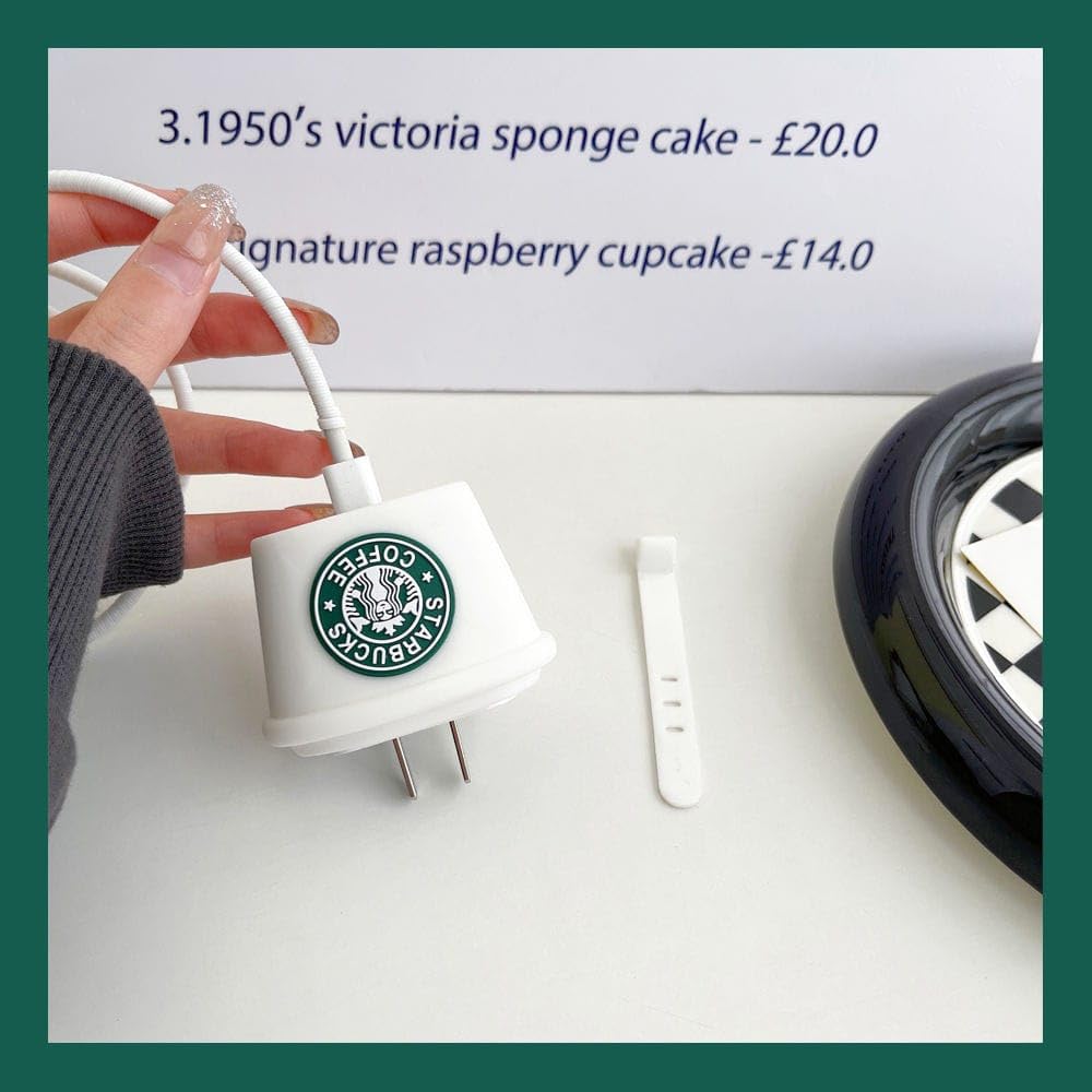 Iphone Charger Case Cover - Starbucks White - 4 Piece Set (With Wire Protector)