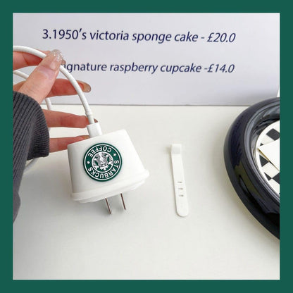 Iphone Charger Case Cover - Starbucks White - 4 Piece Set (With Wire Protector)