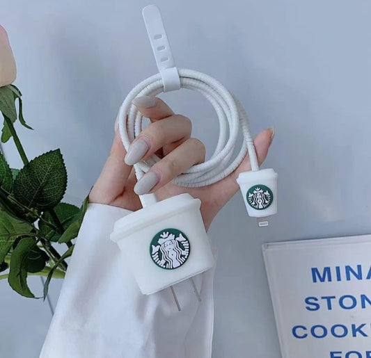 Iphone Charger Case Cover - Starbucks White - 4 Piece Set (With Wire Protector)