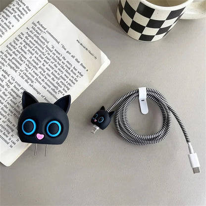 Iphone Charger Case Cover - Kitty Black - 4 Piece Set (With Wire Protector)