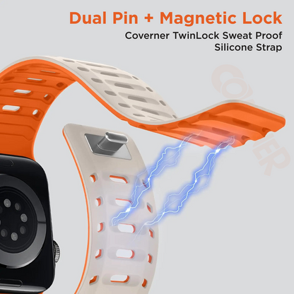 TwinLock Band for Apple Watch [42/44/45/49mm] – Dual Pin + Magnetic Lock | Arthritis-Friendly, Sweatproof Silicone Strap by Coverner India