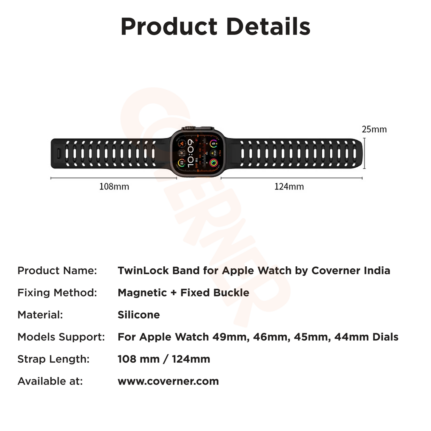 TwinLock Band for Apple Watch [42/44/45/49mm] – Dual Pin + Magnetic Lock | Arthritis-Friendly, Sweatproof Silicone Strap by Coverner India