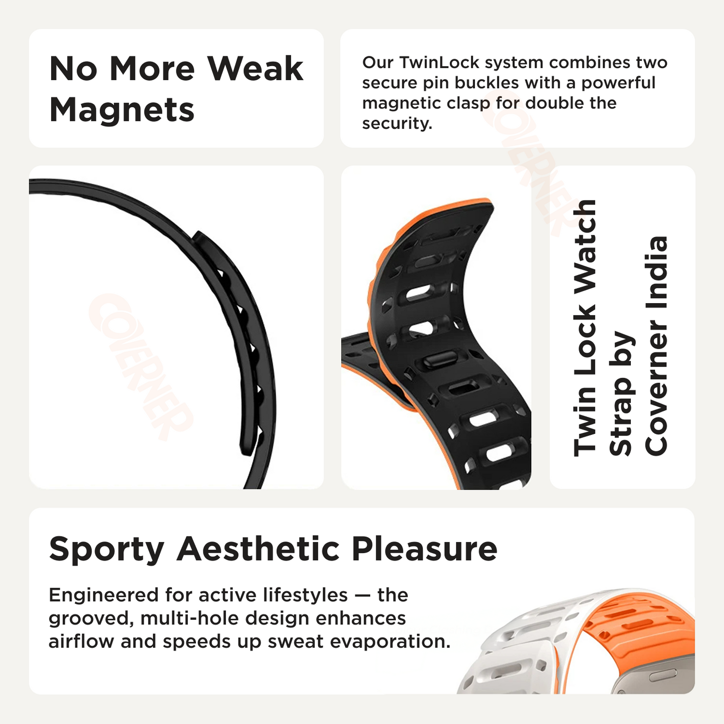 TwinLock Band for Apple Watch [42/44/45/49mm] – Dual Pin + Magnetic Lock | Arthritis-Friendly, Sweatproof Silicone Strap by Coverner India