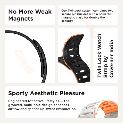 TwinLock Band for Apple Watch [42/44/45/49mm] – Dual Pin + Magnetic Lock | Arthritis-Friendly, Sweatproof Silicone Strap by Coverner India