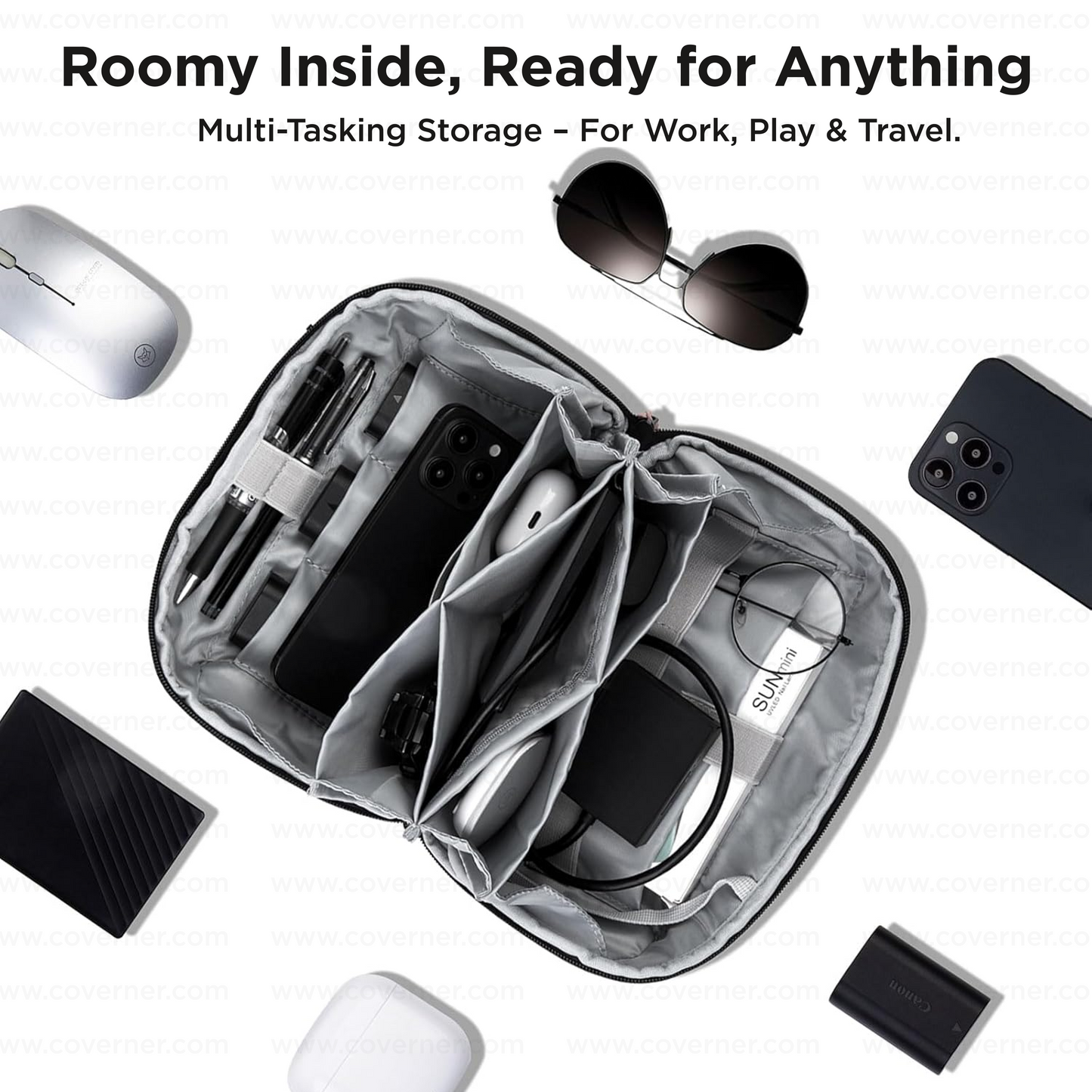 GridNest 180° Travel Tech Pouch – Large Electronics Accessories Organizer Bag | Coverner India