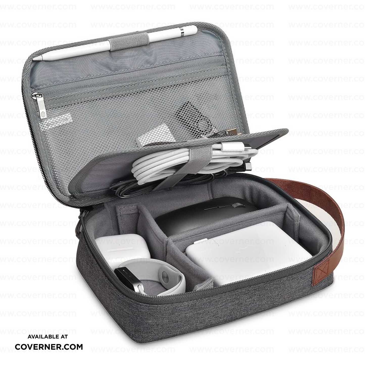 WiWU Minimalis Travel Tech Pouch – Splash-Proof Organizer with Leather Strap (Black/Gray) | Coverner India