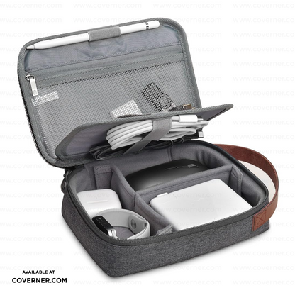 WiWU Minimalis Travel Tech Pouch – Splash-Proof Organizer with Leather Strap (Black/Gray) | Coverner India