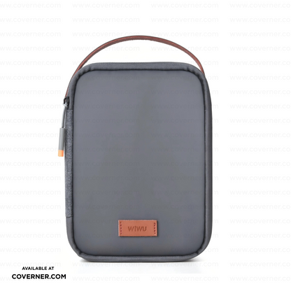 WiWU Minimalis Travel Tech Pouch – Splash-Proof Organizer with Leather Strap (Black/Gray) | Coverner India