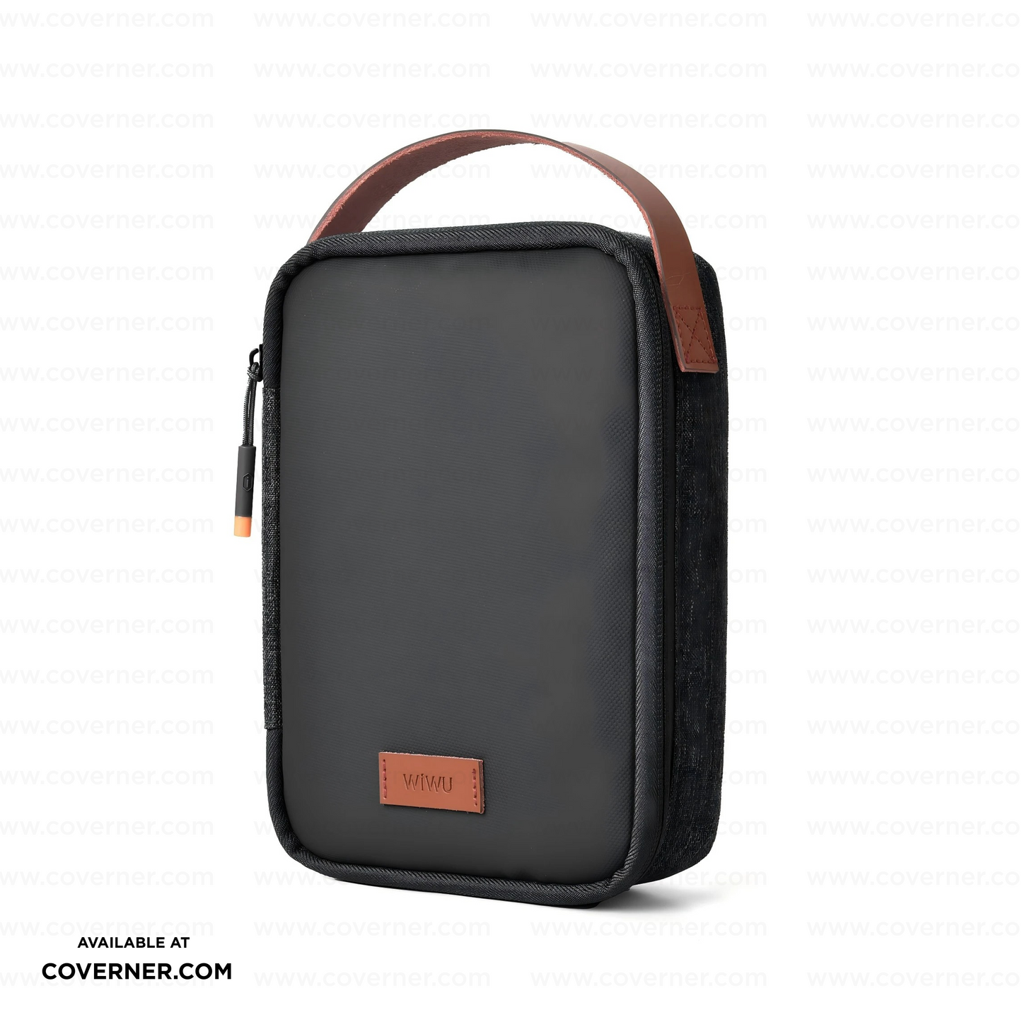 WiWU Minimalis Travel Tech Pouch – Splash-Proof Organizer with Leather Strap (Black/Gray) | Coverner India