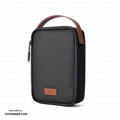 WiWU Minimalis Travel Tech Pouch – Splash-Proof Organizer with Leather Strap (Black/Gray) | Coverner India