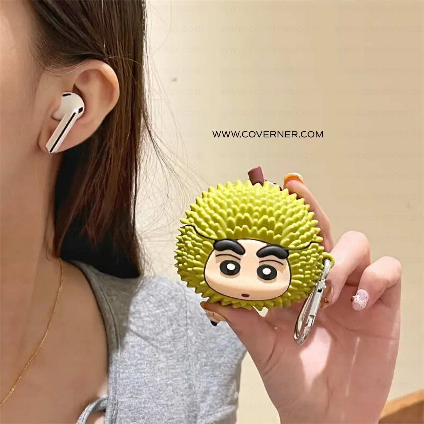 Shinchan Durian Silicone AirPods Case with Hook – Quirky AirPods Cover by Coverner India