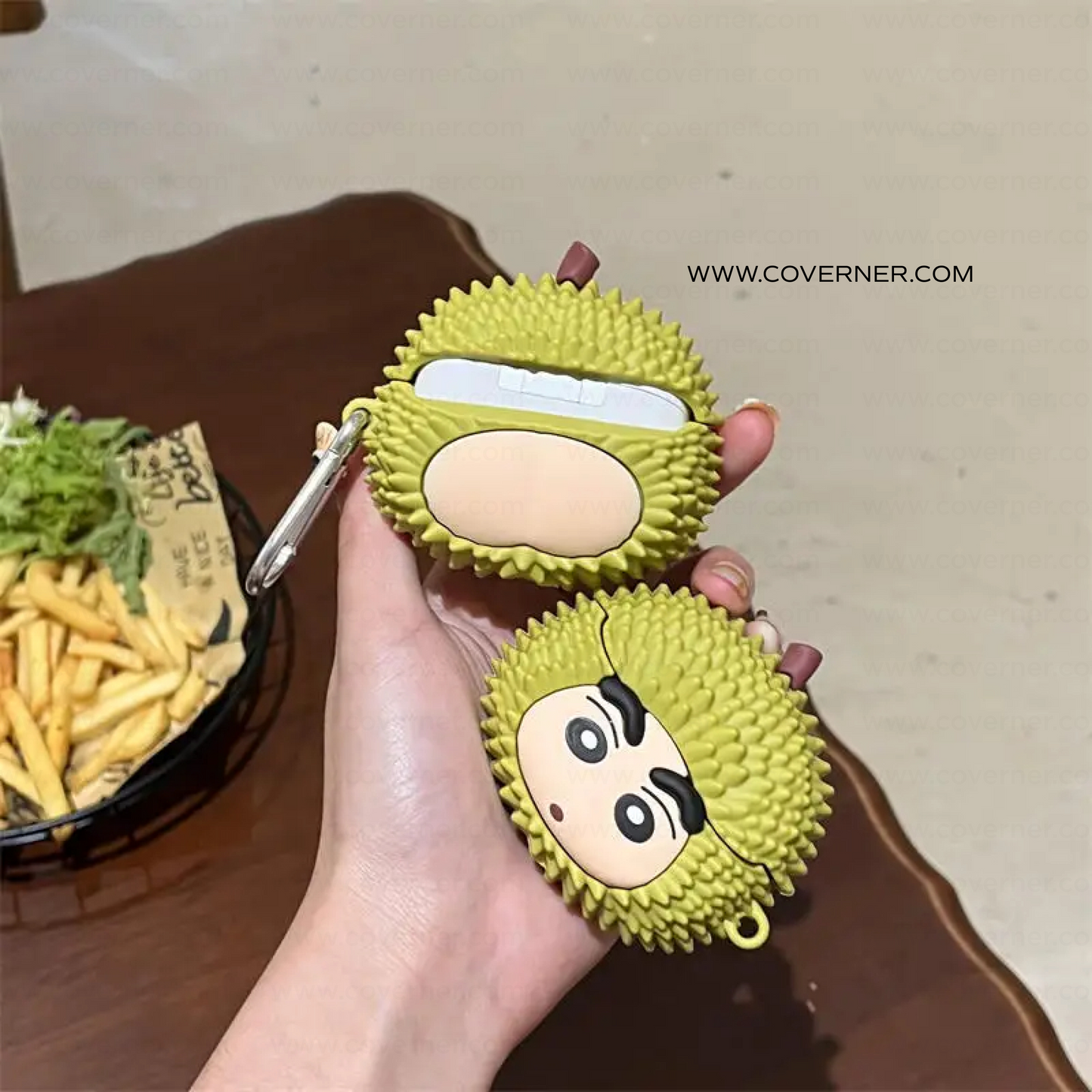 Shinchan Durian Silicone AirPods Case with Hook – Quirky AirPods Cover by Coverner India