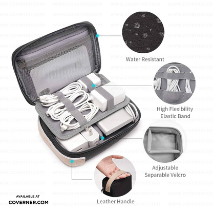 WiWU Minimalis Travel Tech Pouch – Splash-Proof Organizer with Leather Strap (Black/Gray) | Coverner India